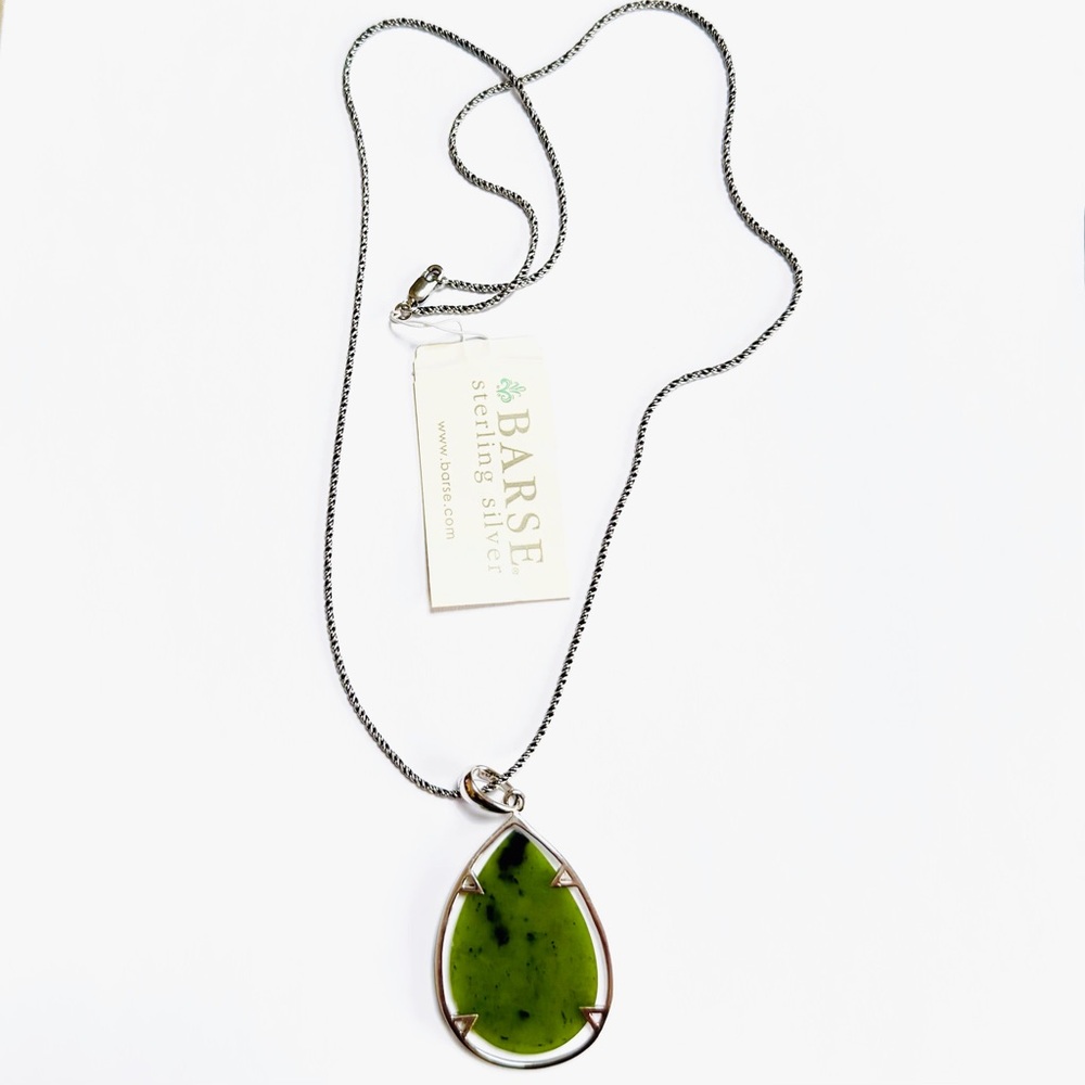 NEW BARSE Necklace Sterling Silver Green Jade Pendant Removable 24” NEW W/ TAG